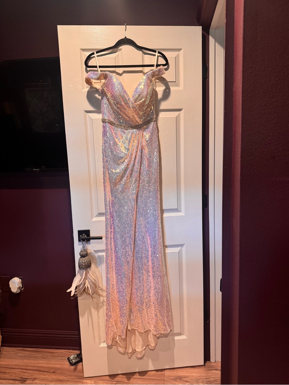 Iridescent Off-Shoulder Sequin Evening Gown - Pink - Picture 3 of 5